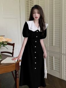French Elegant Black Doll Collar Womens Dress Slimming Waist Hepburn Style Summer New plus Size A-Line Midi Skirt