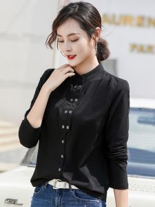 Loose Long Sleeve Womens Shirt Stand Collar Base Layer Top Korean Style Commute Pure Cotton Solid Color Workwear Upper