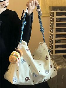 Adorable Cat Embroidery Print Canvas Shoulder Bag Versatile Casual Womens Tote Bag Fashionable Spring Zipper Closure Crossbody Bag