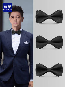 ผ้าพันคอผีเสื้อแบบมีชั้นสองชั้นสำหรับผู้ชาย Romon Wedding Tuxedo เสื้อเชิ้ตผู้ชายสำหรับงานแต่งงาน ผ้าฝ้ายผสมสีดำ