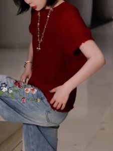 QINGNAER | Retro Elegant Loose-fit Red Sheer Lace Short-sleeve T-shirt Large Size