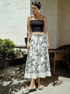 AMII | Summer New Holiday Style Elastic Waist Floral Print Linen Skirt