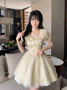 Delicate Sweet Embroidered Bubble Sleeve Square Neck Mini Dress Women Summer 2024 New Style High Waist A-Line Skirt Short Dress