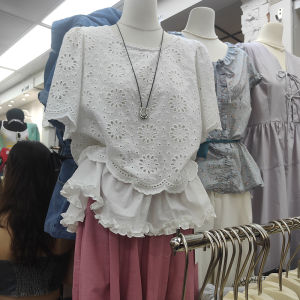 French Sweet Wooden Edge Short Sleeve Shirt Women Summer Ageless Casual Bubble Sleeve Top Trendy Straight Tube Flower Embroidery