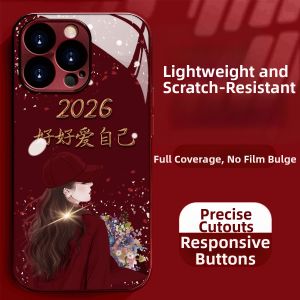 PINFEI | New Year Style Womens Painted iPhone Case With Tempered Glass Premium Wine Red With Strap