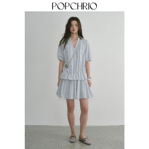 POPCHRIO | Đầm Mini Tay Ngắn Cotton Cổ V Phong Cách Pháp