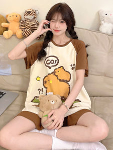 ชุดนอนผ้าโมดอลสำหรับเด็กผู้หญิง ฤดูร้อน ผ้าไหมน้ำแข็งบางๆ ชุดนอนผ้าขนแกะ กางเกงขาสั้น คอกลม แขนสั้น ลายการ์ตูน