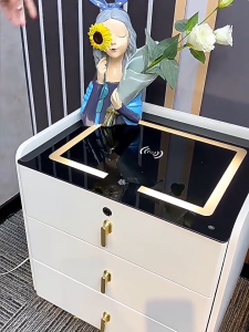 Kenny โต๊ะข้างเตียงสมาร์ท 3สี +ที่ชาร์จแบบไร้สาย+ลำโพงบลูทูธ สแกนลายนิ้วมือ พร้อมไฟ LED พร้อมลิ้นชัก