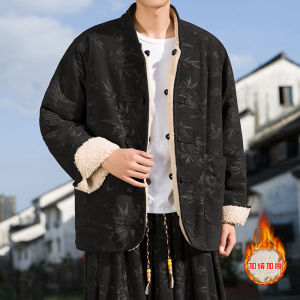 Thickened Fleece Lined Corduroy Jacket for Men Chinese Style Tang Costume Cotton Coat with Button Design Winter Outerwear