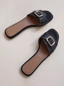 Womens Summer Sandals Outwear Fashion Fancy Metal Buckle Half Slippers Authentic Leather Square Toe Flats Beach Slippers