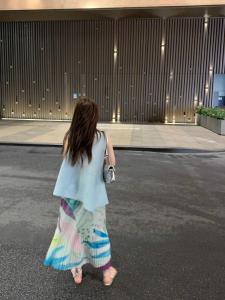 South Korea Dongdaemun Summer New Arrival Sanzhai Pleated Vacation Style Stylish Print Long Skirt Womens Organ Pleated Skirt Fashion