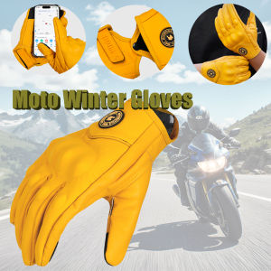 Winter Retro Yellow PU Leather Motorcycle Gloves Men Women Motorbike Racing Gloves Touch Screen Motocross Moto Glove Four Season