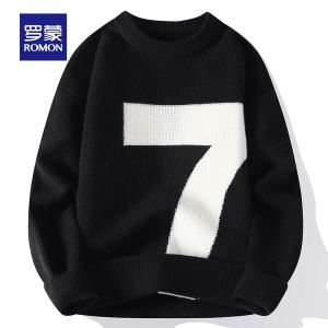 ROMON | Romon Mens Knitted Sweater Casual Loose Thickened Round Neck Winter Fashion Warm Long Sleeve Polyester Nylon Blend Youth Style