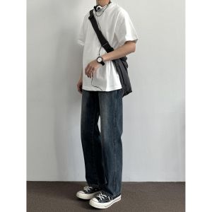 Slim Straight Casual Blue Jeans Mens Loose Fit Long Pants Deep Blue Washed Denim Straight Leg Trousers Youth Fashion