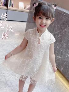 Girls Cheongsam Dress Summer Chinese Style 2024 New Childrens Pure Color Lace Embroidery Tulle Skirt Baby Dress Heart Collar Long Skirt