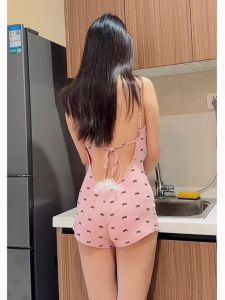 Pure Desire Cotton Home Series Backless Knot Butterfly Print One-Piece Shorts Slimming Effect High Waist Short Length Pants