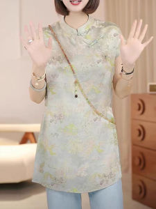 Shalldoer | New Chinese Style Womens Shirt Stand Collar Short Sleeve Printed Casual Slim Fit Summer Vintage Embroidery Design Top