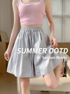 Gray Yamamoto Womens Summer Thin High Waist Wide Leg Casual Ice Silk Five-Quarter Pants Commute Korean Style Pocket Detail