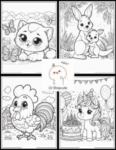 Chuột túi Mèo con Gà trống và Kỳ lân - Bộ tranh tô màu (80 tờ) khổ giấy lớn A4 - Tặng 1 tranh ngẫu nhiên