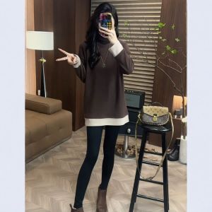 Double-Sided Velvet Thickened Half-High Collar Mid-Length Womens T-Shirt Fashionable Winter Base Shirt Color Block Design