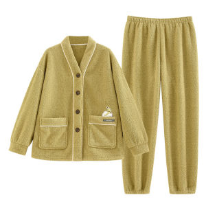 yuenei | Couples Thickened Flannel Pajamas Coral Fleece Home Clothes Warm Winter Sleepwear V-neck Long Sleeve Cloud Velvet Simple Style