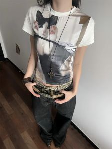 Cute Cat Print Short Sleeve Shoulder T-Shirt Womens Summer Slim Fit Design Sense Top Y2K Spicy Girl Commute round Neck