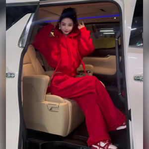 Christmas Casual Sportswear Set Womens Autumn Winter Fashionable Red Hooded Zipper Sweatshirt Wide Leg Pants Two-Piece Trendy