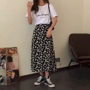 MINOSA Women Flowy Floral Daisy Long Skirt A Line Skirt Korean Style Basic Casual M-2XL