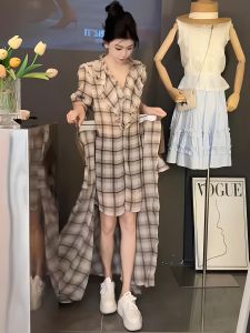 LIRUSHAN | Elegant Niche Design Plaid Flared Hem Summer Long Dress