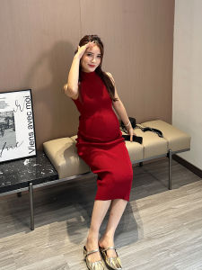 Red High Collar Sleeveless Knitted Dress WAWA Maternity Wear Bodycon Base Layer Skirt for Pregnant Women Autumn Winter