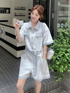 YINLUOYA | Fashionable Denim Overalls For Women High Waist Straight Leg Short Pants Workwear Style Belt Pocket Detail Thin Polyester Fiber