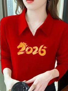 HUAXUNRAN | Festive Red Polo Collar Long Sleeve T-Shirt Cotton