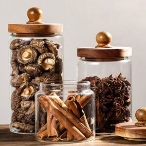 Glass Food Storage Jar with Wood Lid Airtight Sealed Clear Container for Coffee Beans Nuts Spice Candy Moisture-proof Storage