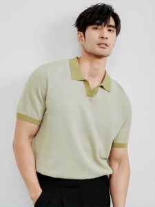 High-End Mens Cuban Collar Slim Fit Knitted POLO Shirt Breathable Casual Versatile Turn-down Collar Color Block V-neck Short Sleeve T-shirt