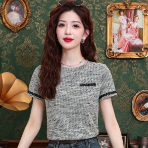 Fashionable Short Sleeve T-Shirt Women Summer New Design Splicing Base Shirt Commute Style Loose Fit round Neck Stripe Pattern