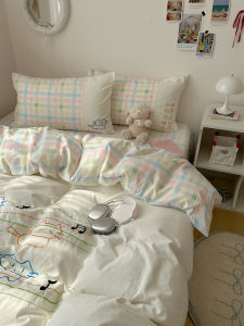 Cute Cat Pattern Towel Embroidered Washed Cotton Bedding Set for Students Three Piece Quilt Cover Sheet Set Soft Polyester Fabric