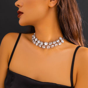 Luxury Double Layered Big Crystal Choker Necklace For Women Wedding Bridal Prom Party