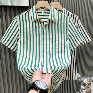 Summer Mens Slim Fit Short Sleeve Striped Casual Shirt Breathable Thin Polyester Youth Fashion Standard Edition POLO Collar