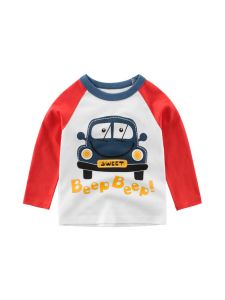 เสื้อยืดแขนยาวผู้ชายสำหรับเด็ก เสื้อเชิ้ตแฟชั่นฤดูใบไม้ผลิและฤดูใบไม้ร่วง ลายรถยนต์ สีแดง สีน้ำเงิน เสื้อผ้าเด็กชาย