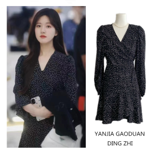 Váy Dài Tay Cổ Chữ V Màu Đen Họa Tiết Chấm Bi Cao Cấp Cho Nữ Mùa Xuân Váy Chữ a Cạp Cao Thon Gọn Váy Công Sở