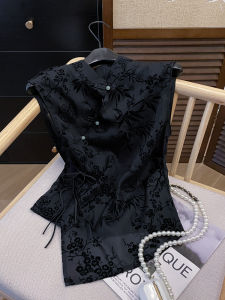 PAIBOLI | New Chinese Style Cheongsam Inspired Black Jacquard Short Sleeve Square Neck Shirt