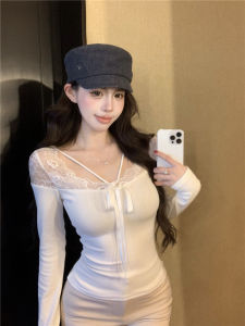 GUZILIAN | Autumn Winter Lace Splicing Base Shirt Womens Elegant Slim Fit Long Sleeve Inner Wear Trendy Base Top Korean Style Commute