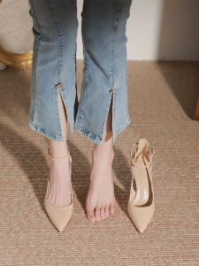 รองเท้าส้นสูงสีเปล่าสำหรับผู้หญิง ฤดูร้อน 2025 รองเท้าแตะแบบหนังสัตว์ หัวแหลม หัวเข็มขัด ทรงเข้ารูป ส้นบาง ระบายอากาศได้ดี รองเท้าลำลอง