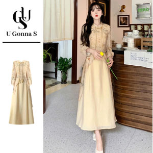 Women Dress Long Cheongsam 2024 Long Sleeve A-line Elegant Traditional Clothing for Temple Casual Daily Occasions School Uniform Long Gown Stretchable