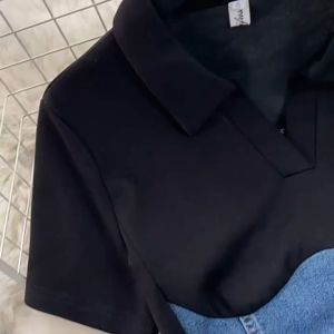 FANMU Gaun denim tambal sulam leher awak lengan pendek