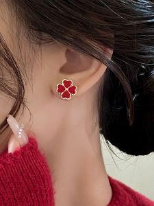 Red Lucky Clover Earrings S925 Silver No Piercing