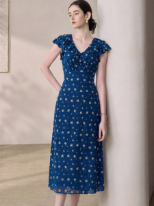 Roey s house | Elegant Work Blue Flower V-neck Flounce Waist-cinched Dress