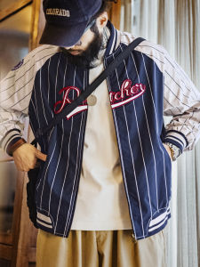 MADEN | American Vintage Stripes Letter Embroidery Badge Contrast Color Spliced Casual Jacket