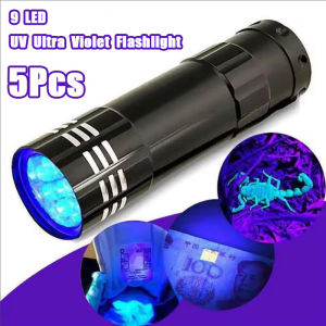 5pcs 9 LED UV Flashlight Portable Black Shell Purple Light Flashlight Multifunction Mini LED Torch LED UV Flashlight Fluorescence Light for Pet Urine Ore Money