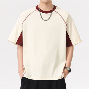 Color-blocked Splice Drop-shoulder Short-sleeve T-shirt Loose Ice-silk Cooling